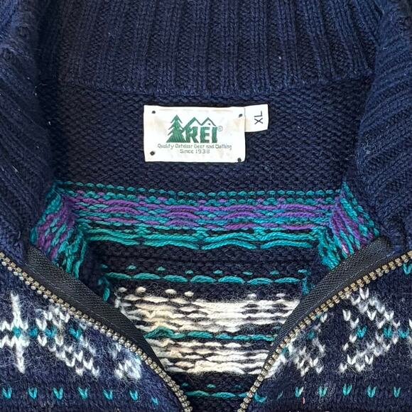 VTG 90s REI Nordic Sweater Fair Isle Wool Blend 1/4 Zip Blue Mens Size XL - Picture 2 of 8